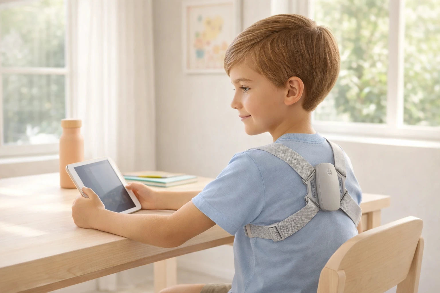 A child sitting upright and studying confidently.