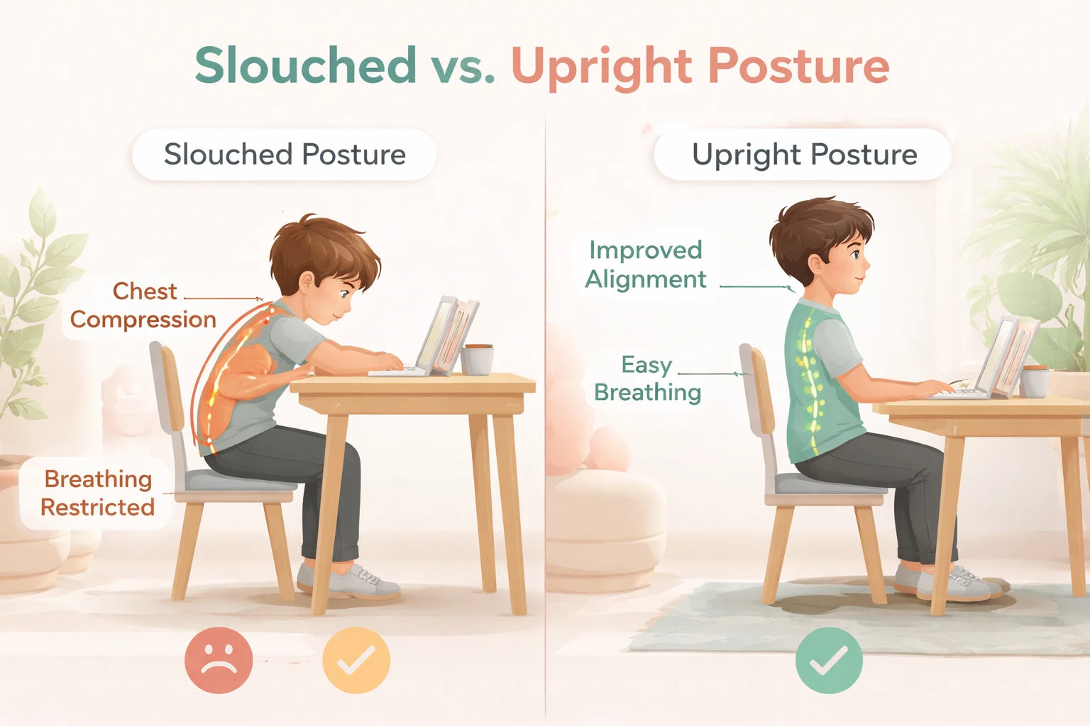 Infographic comparing slouched posture and upright posture.