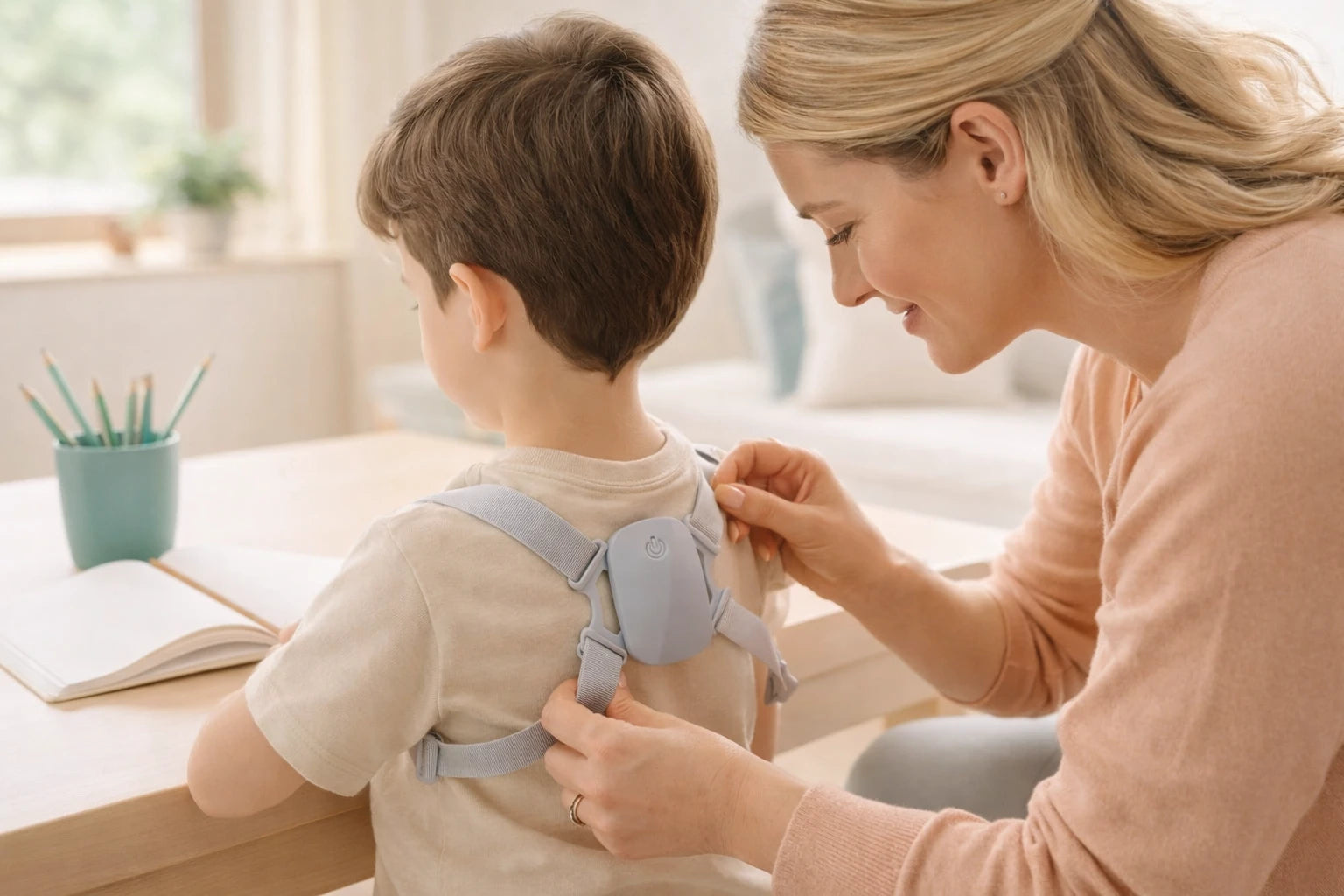 A parent helping a child adjust PostureSmart+ before homework.