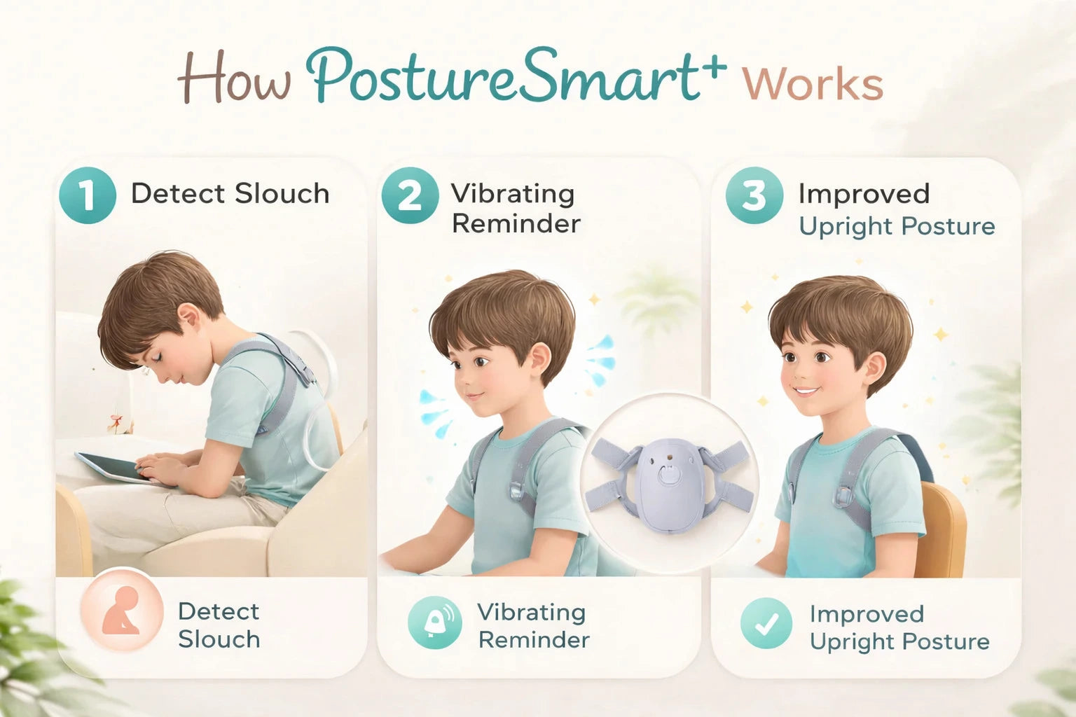 Three-step infographic showing how PostureSmart+ works.