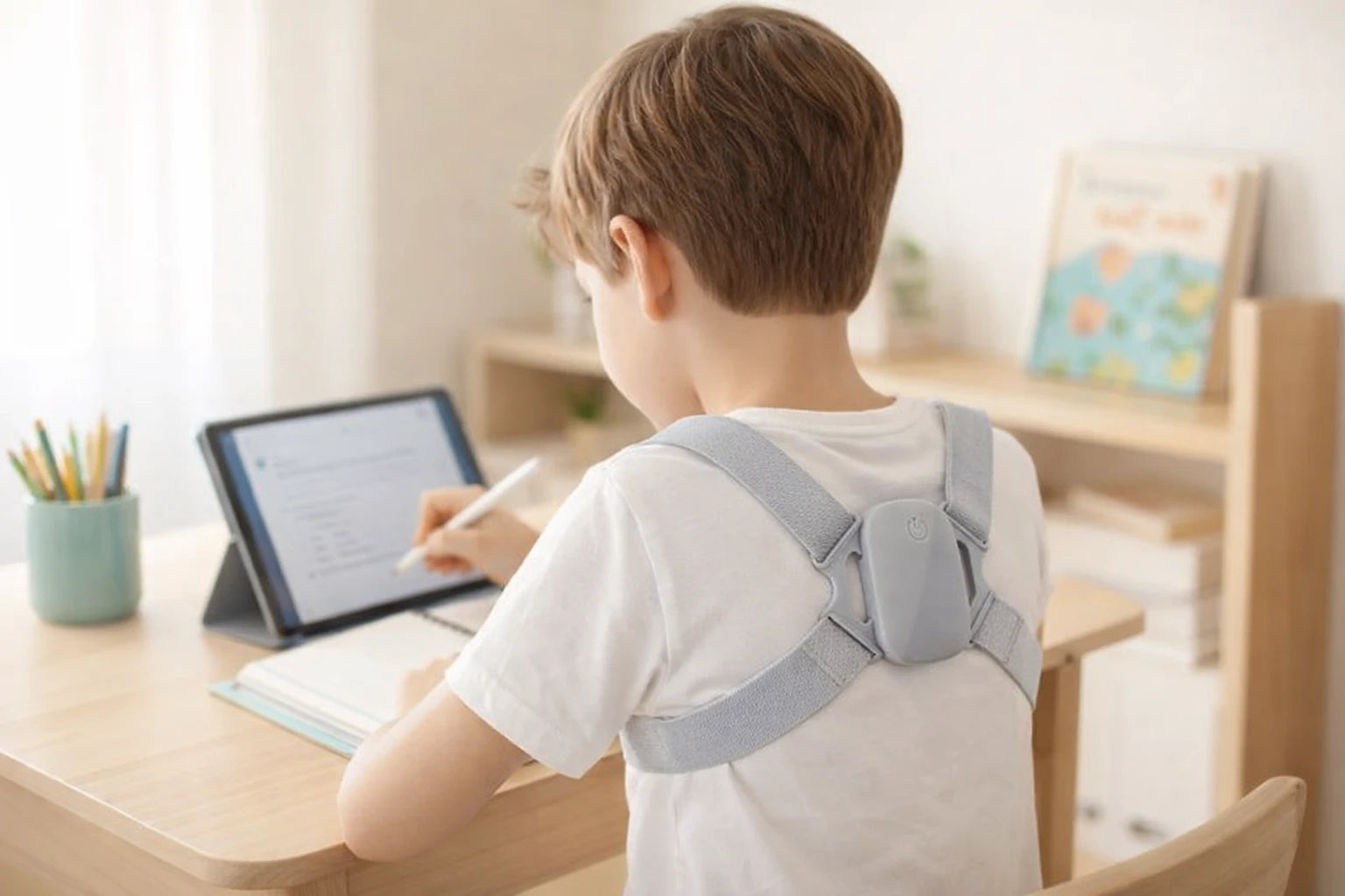 A child wearing PostureSmart+ while doing homework on a tablet.