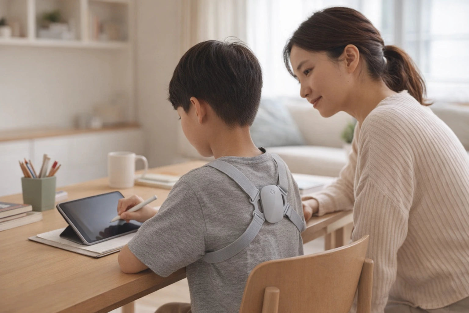 An East Asian mother sitting beside her son during tablet-based schoolwork.