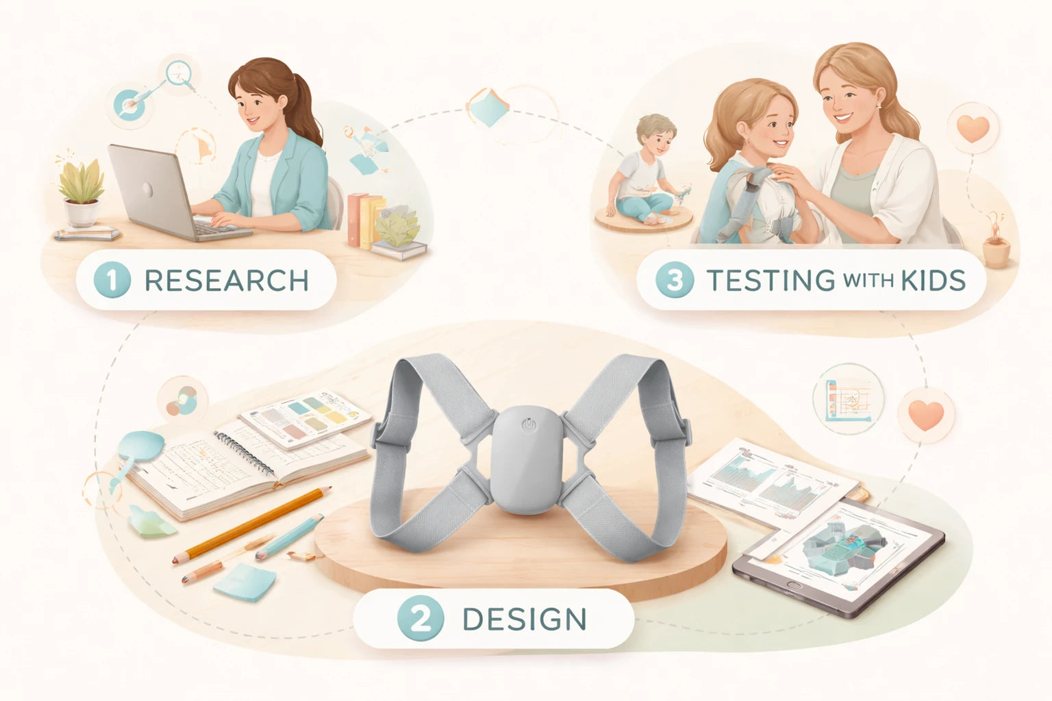 Infographic showing the research, design, and testing process for PostureSmart+.