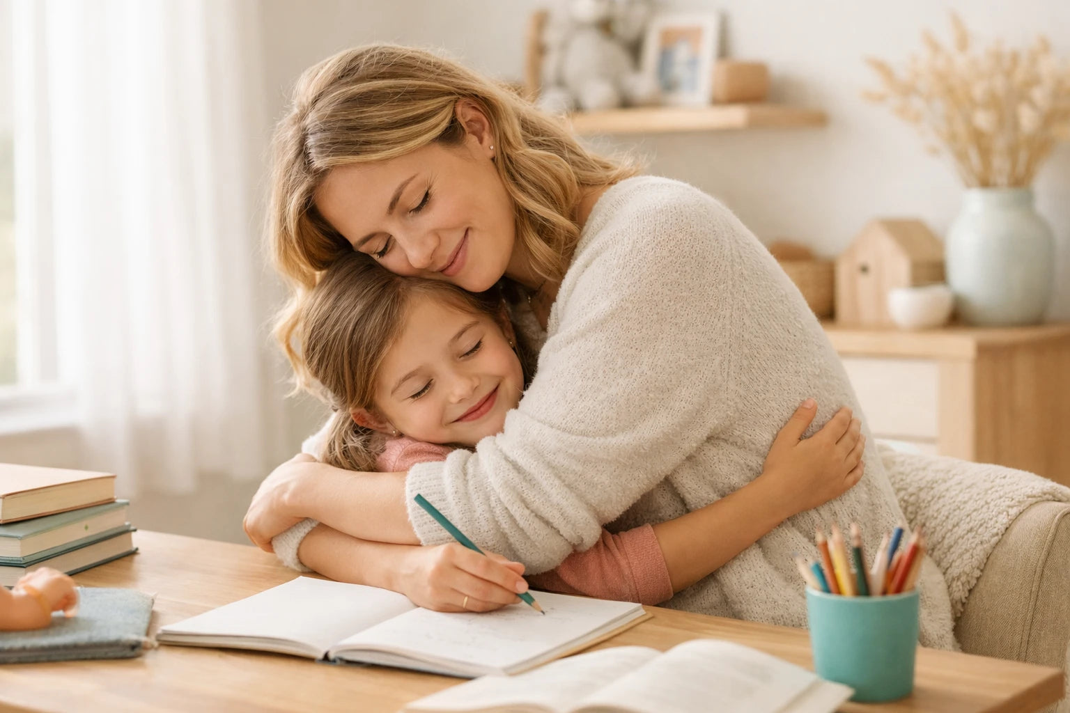 A parent hugging a child at a homework desk.