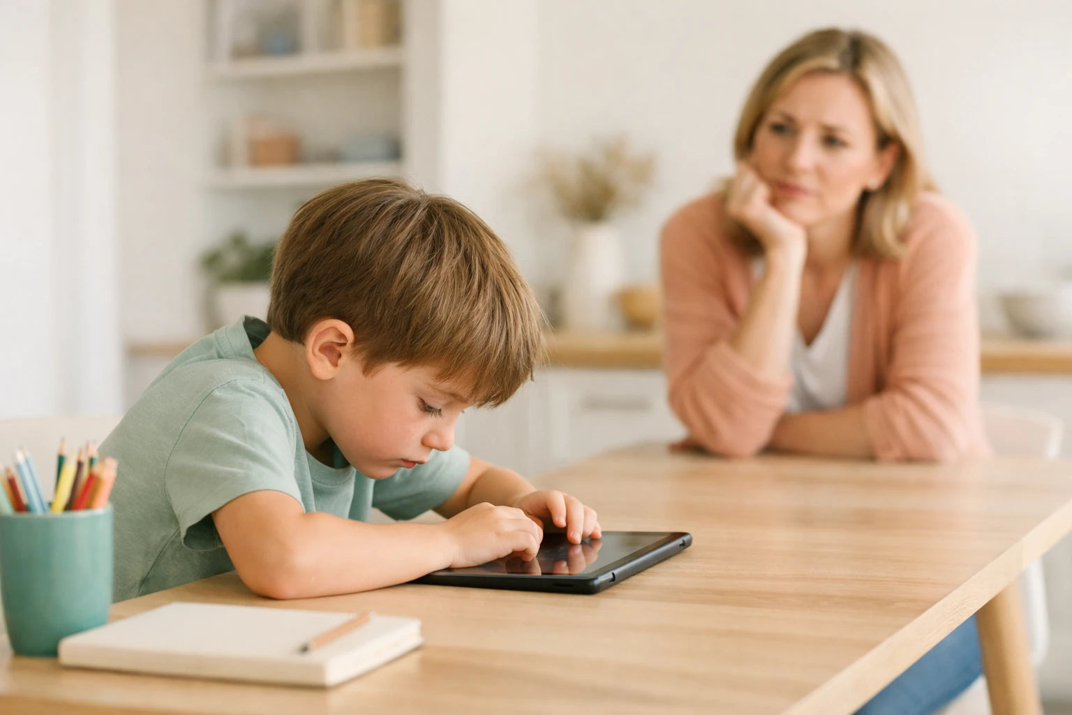 A child slouching over a tablet while a parent watches nearby.