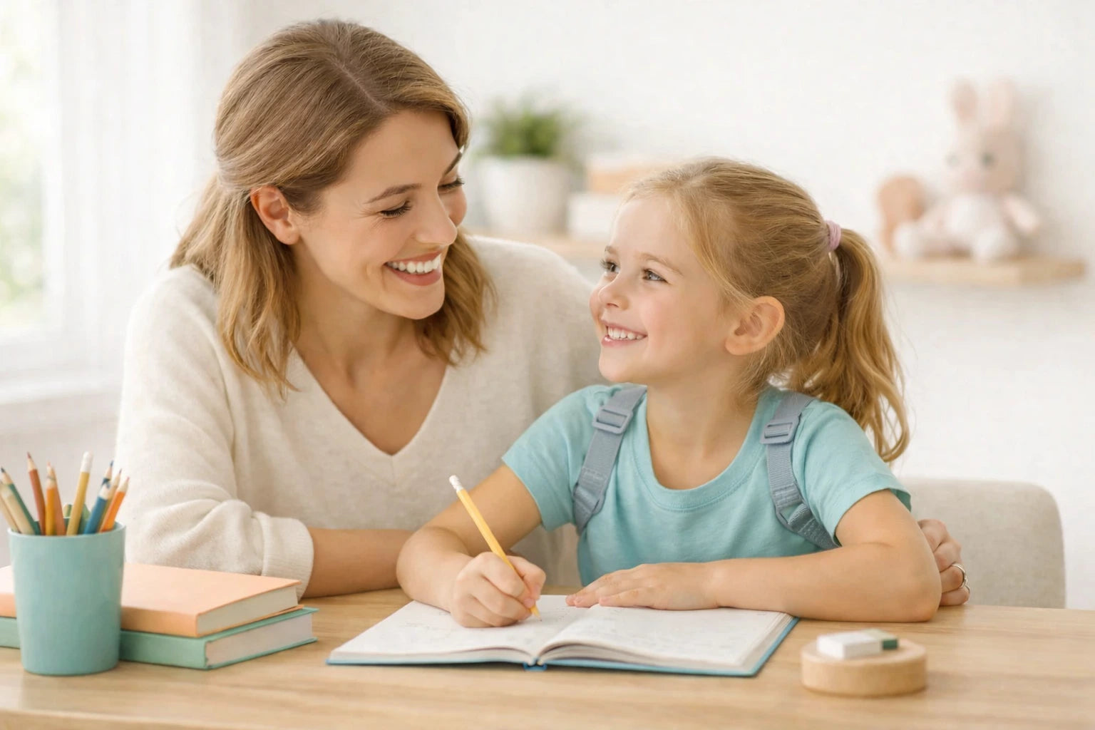 A mother and child smiling while doing homework together.