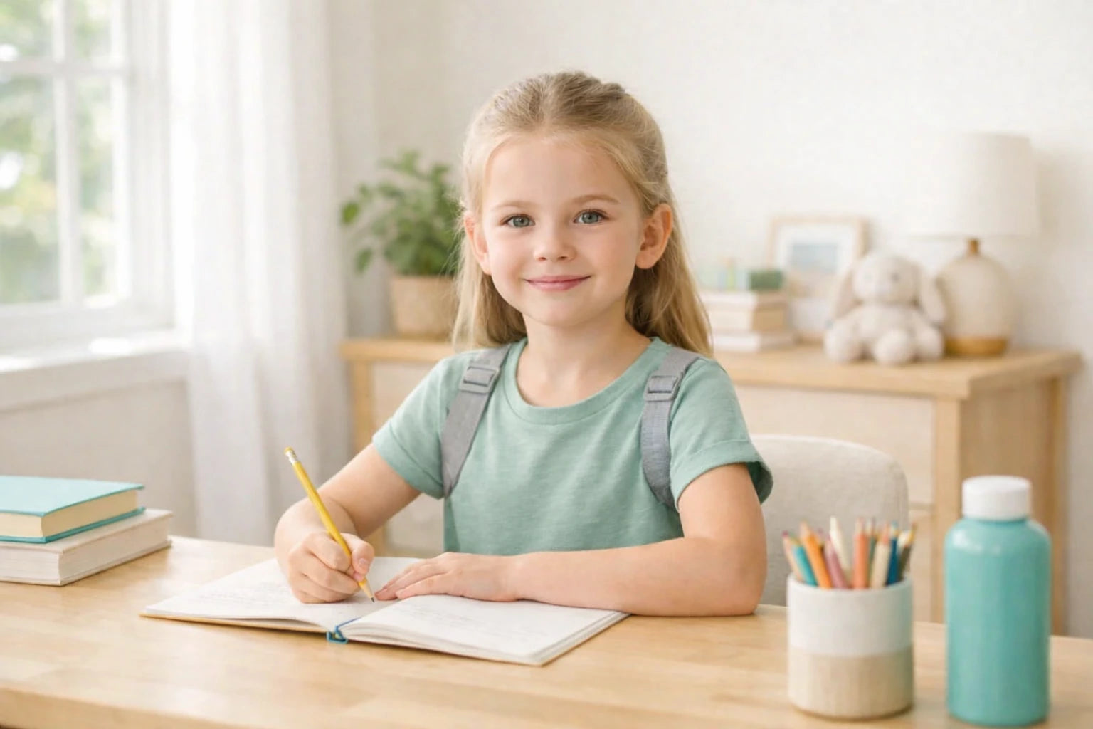 A child studying confidently with upright posture.