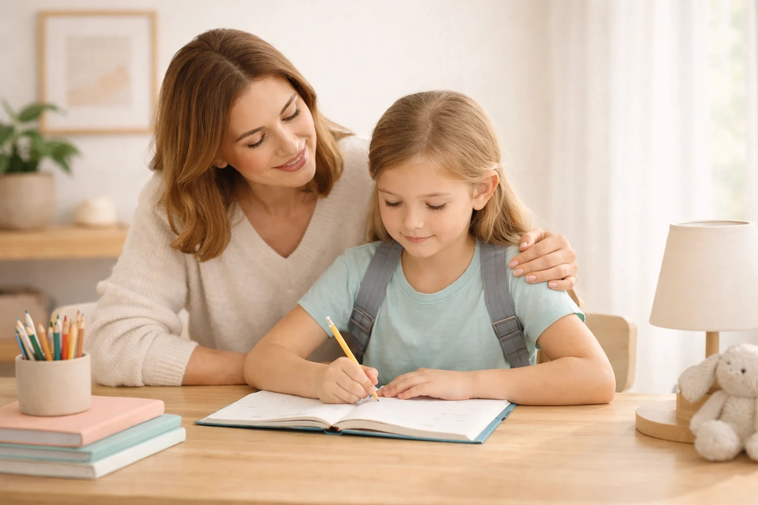 A mother helping her child sit upright during homework.
