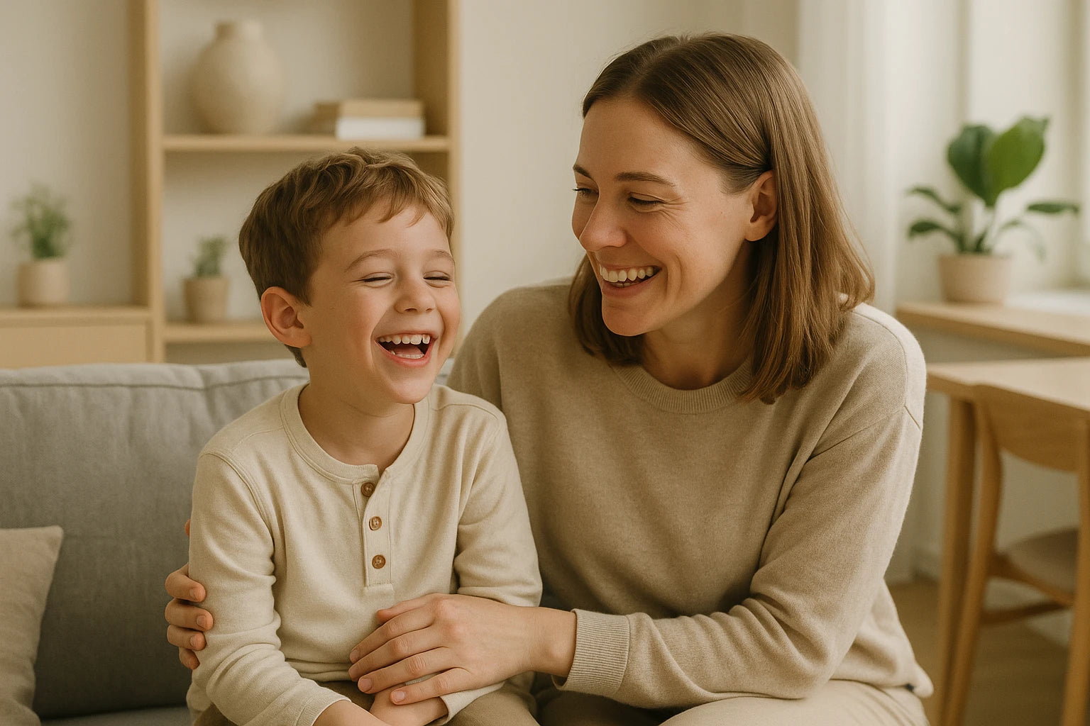 A parent and child smiling together at home in a calm, reassuring moment.