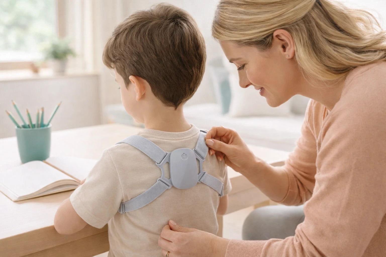 A back-angle view of PostureSmart+ being adjusted on a child.