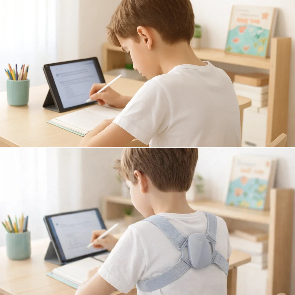A before and after comparison showing a child slouching and then sitting more upright with PostureSmart+.