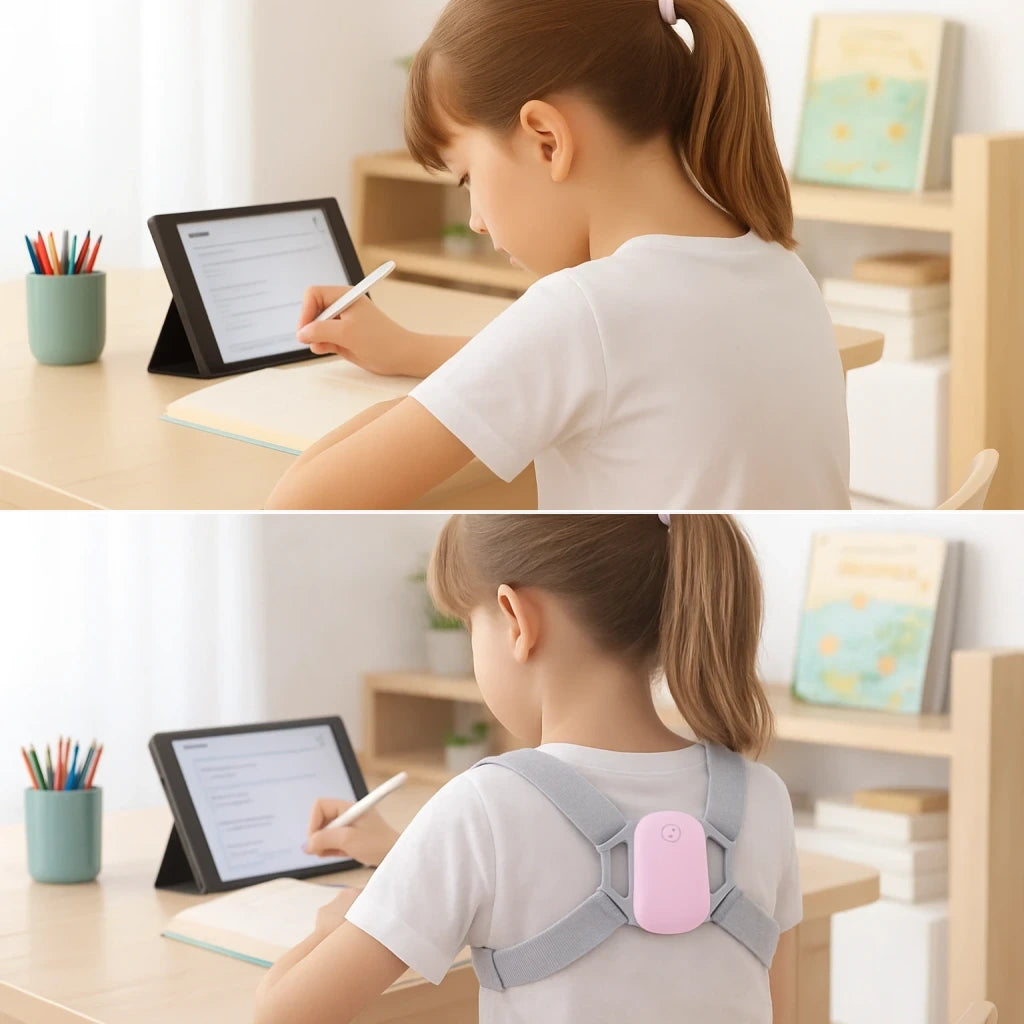 Pink PostureSmart+ before and after posture comparison.