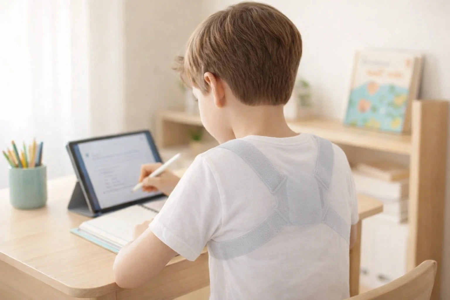 A child wearing PostureSmart+ under a shirt with the outline subtly visible.