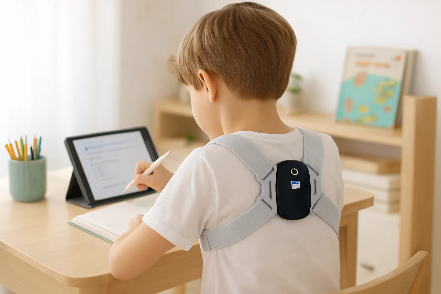 A child wearing the black PostureSmart+ variant while studying.