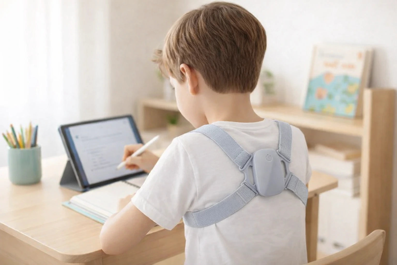 A child wearing the gray PostureSmart+ variant while studying.