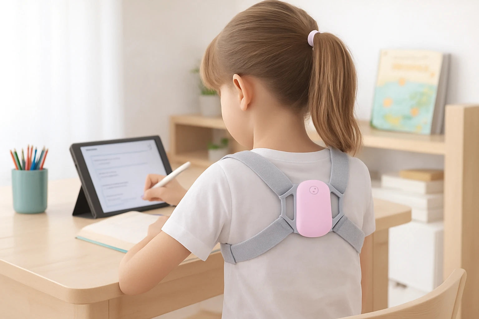 A child wearing the pink PostureSmart+ variant while studying.