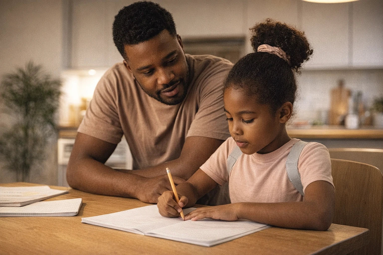 A Black father helping his daughter with homework at a kitchen table.