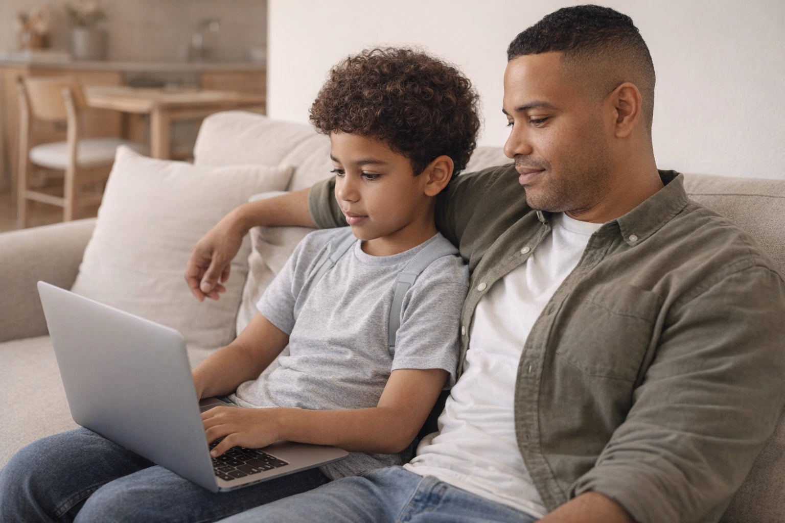 A parent and child studying together on a couch with a laptop.