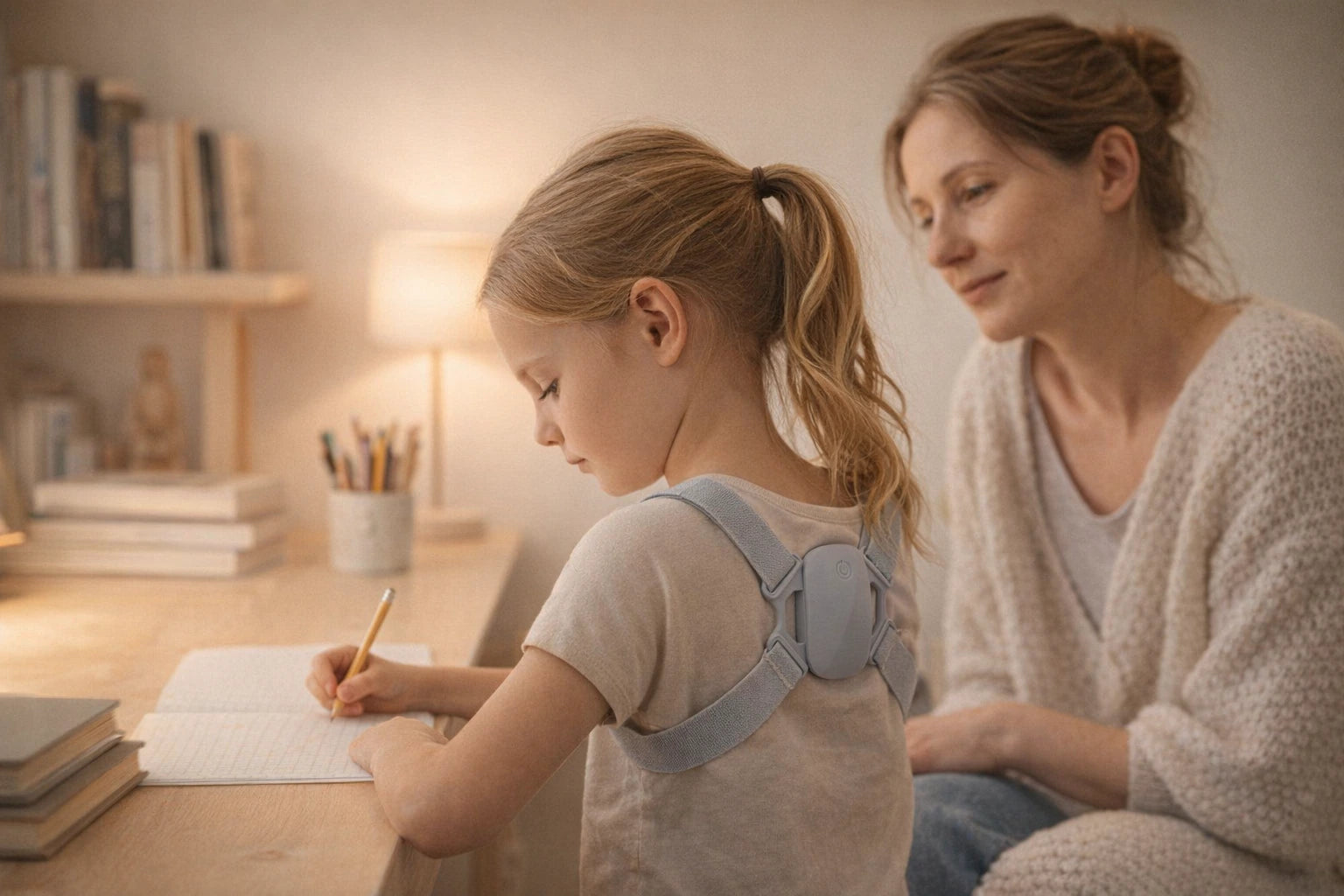 A Caucasian mother sitting behind her daughter in a cozy study corner.