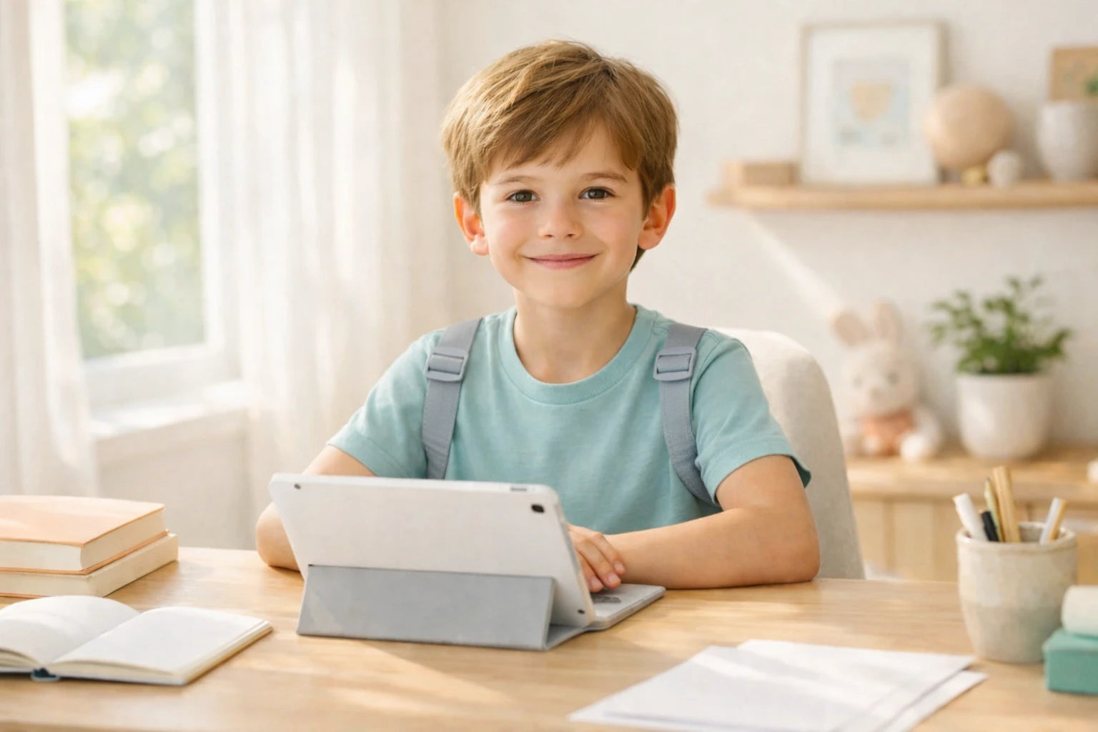 A child sitting upright and studying confidently.