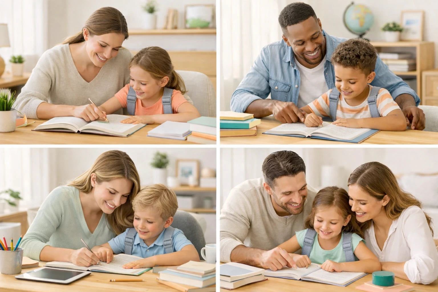 A collage of four different families studying together at home.