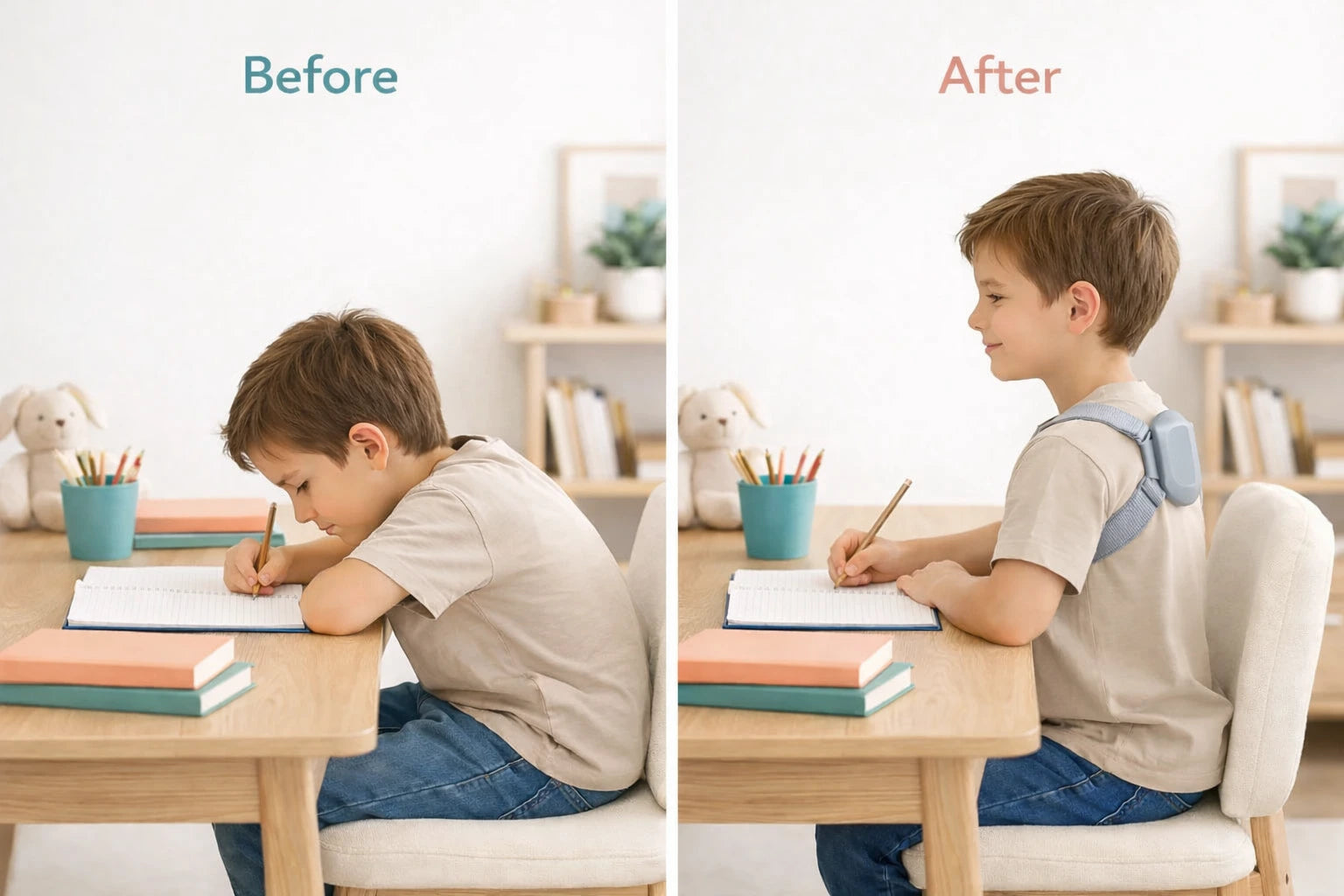A side-by-side comparison of a child slouching and sitting upright.